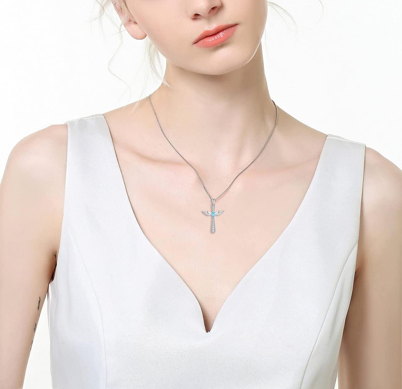 YL Collar con una cruz Ala de ángel Plata de ley 925 12 Piedras de nacimiento Circonita Colgante de ángel de la guarda para mujer, Cadena 45 + 3 CM