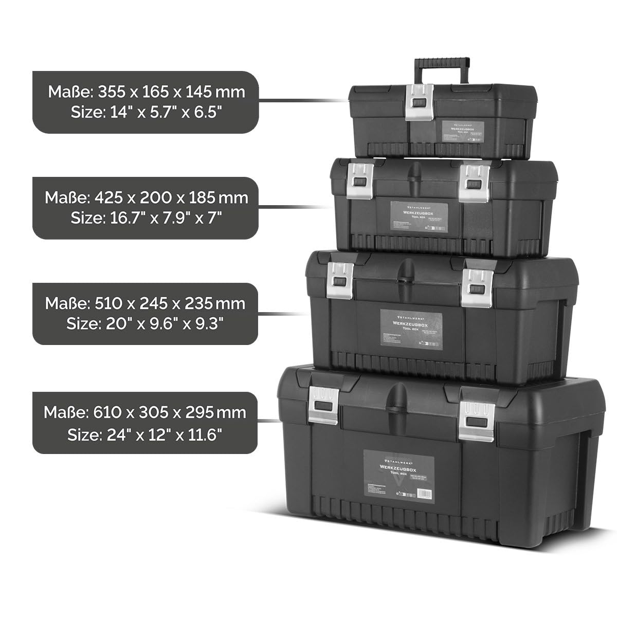 STAHLWERK Toolbox - Juego de 4 cajas de herramientas vacías, sistema modular 4 en 1 | Caja de herramientas, caja de herramientas, organizador de herramientas con cajas surtidas integradas