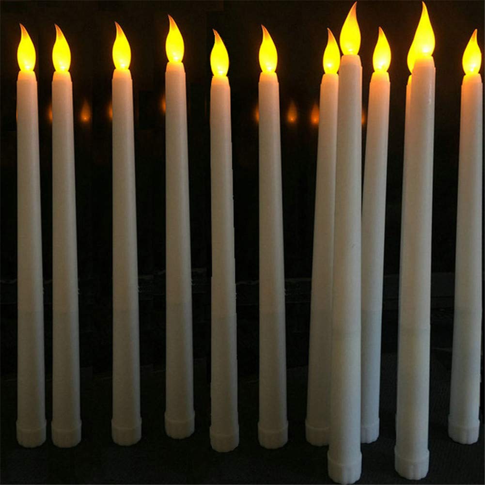 Datomarry Pack of 12 Flameless LED Taper Candles with Yellow Flickering Light,Realistic Electric Plastic 11 inch Long Ivory White Battery Operated Candlestick for Halloween Christmas