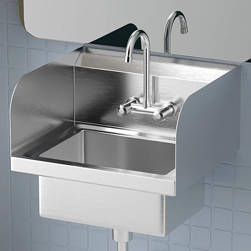 VINGLI Fregadero comercial de lavado de manos de acero inoxidable con protector de salpicaduras lateral, fregadero de utilidad de montaje en pared