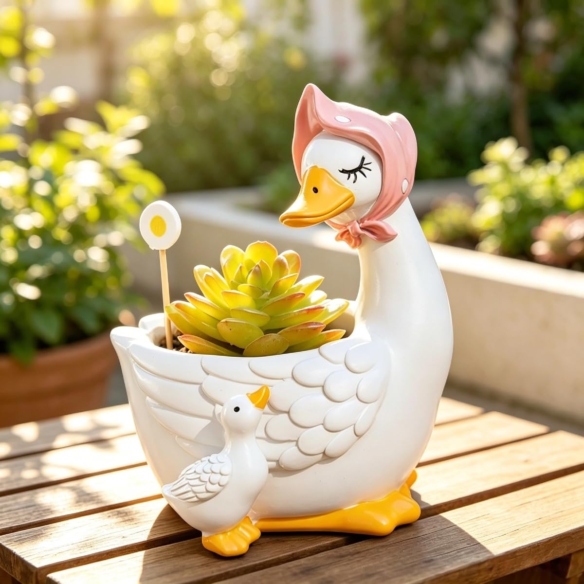 Harz Sukkulententopf Gans Figur, Mini Blumentopf mit Abflussloch, Handgefertigte Tierstatue für Schreibtisch Fensterbank Balkon Landhaus Deko (Vierteiliges Set)