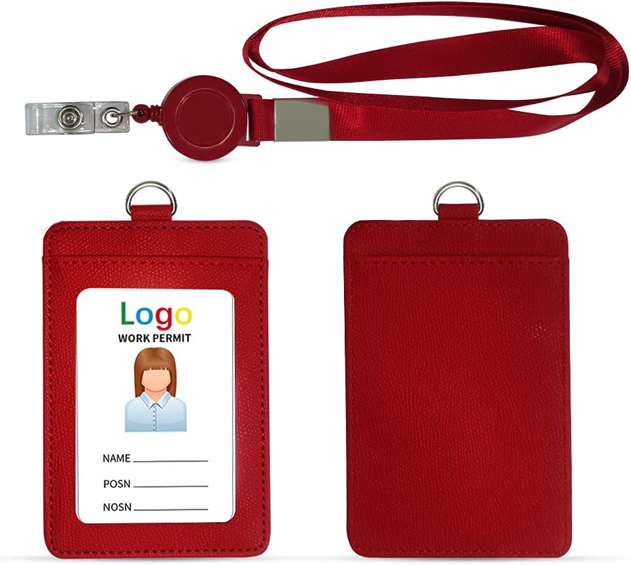 HYCOPROT ID Badge Holder with Lanyard Heavy Duty Retractable PU Leather Vertical Horizontal ID Card Holders with 1 Clear ID Window & 1 Credit Card Slot for Office School Driver Licence (Vertical, Red)