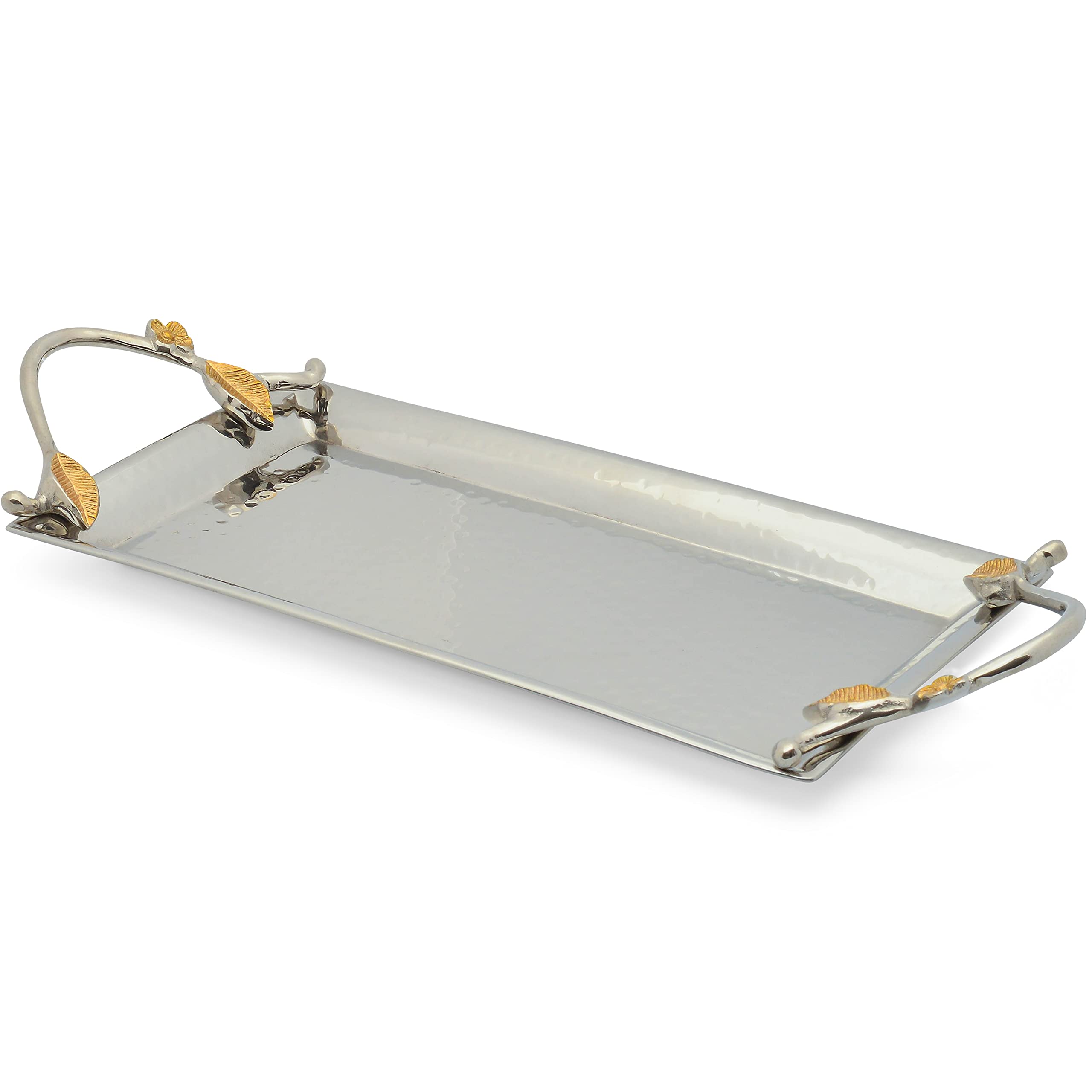 Aisle 26 Two Tone Silver Rectangle Tray with Gold Leaf Accents - 14" Long Shiny Polished Metal Serving Tray