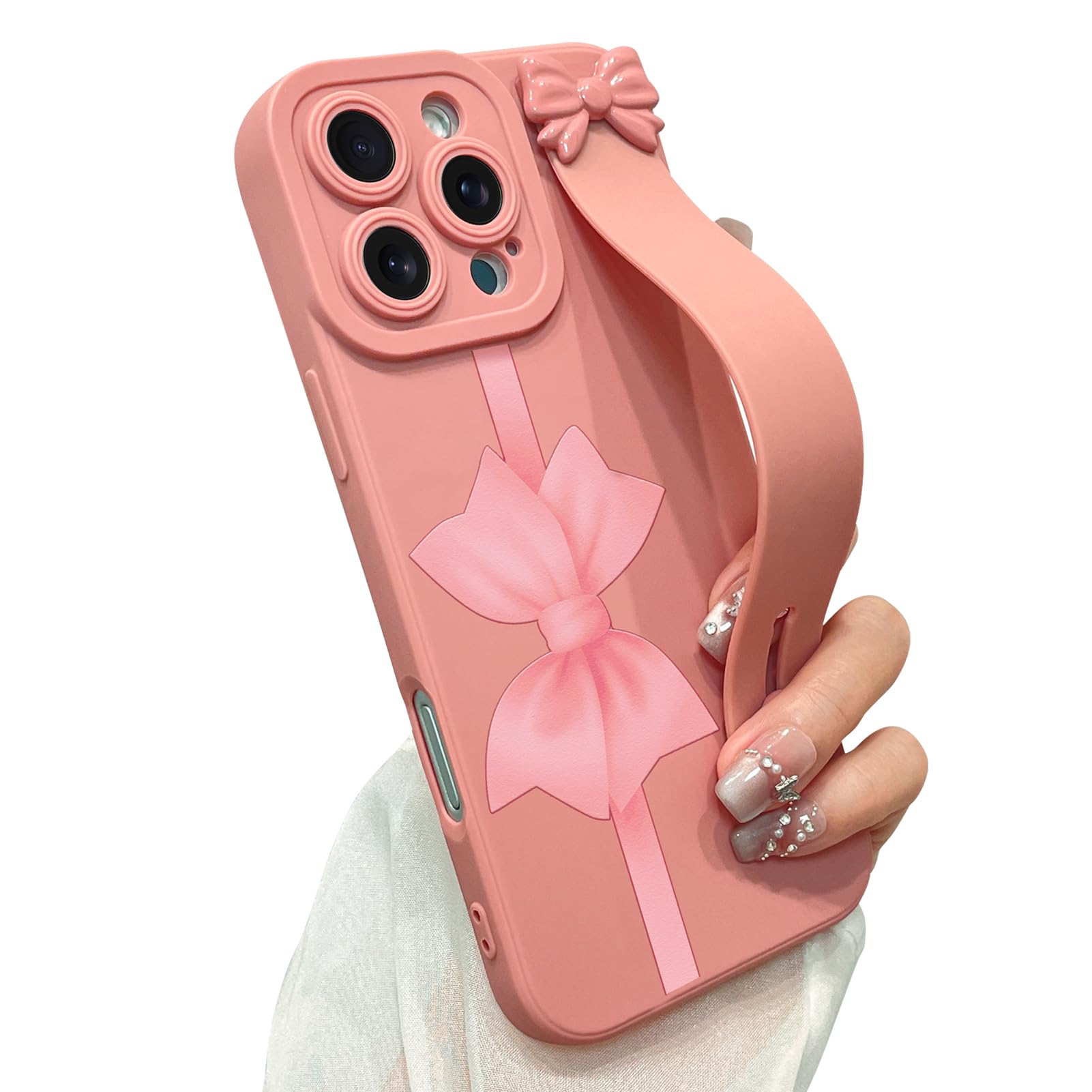 jueaes for iPhone 16 Pro Max Case with Wrist Strap Elegant Bow Ribbon Design with Adjustable Wristband Kickstand Shockproof Soft TPU Camera Protection