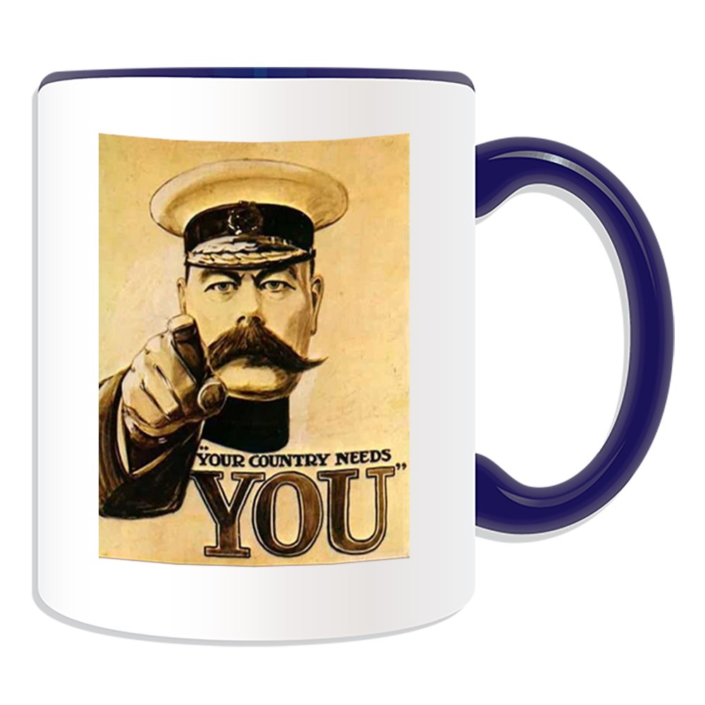 Unigift Blue Personalised Gift - Your Country Needs You Mug (War Poster Design Theme, Colour Options) - Any Name / Message On Your Unique - Britain Britons First 1St Second 2Nd World Ww1 Ww2 Recruitment Enlist Victory Army Military Soldier Lord Kitchener