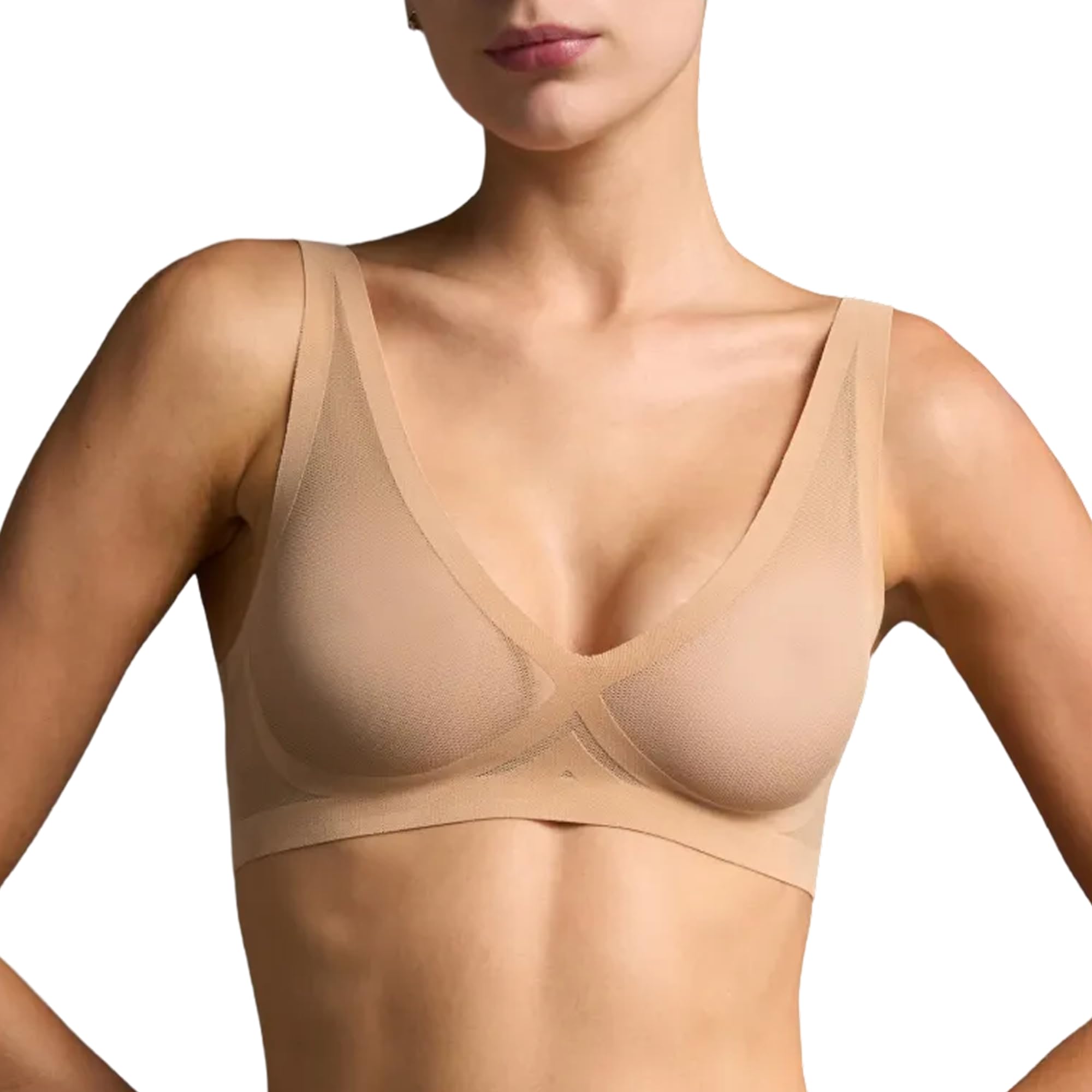EBY Sheer Bralettes for Women - Seamless and Wireless Mesh Bralette, Back Smoothing Bras for Women, Champagne, L