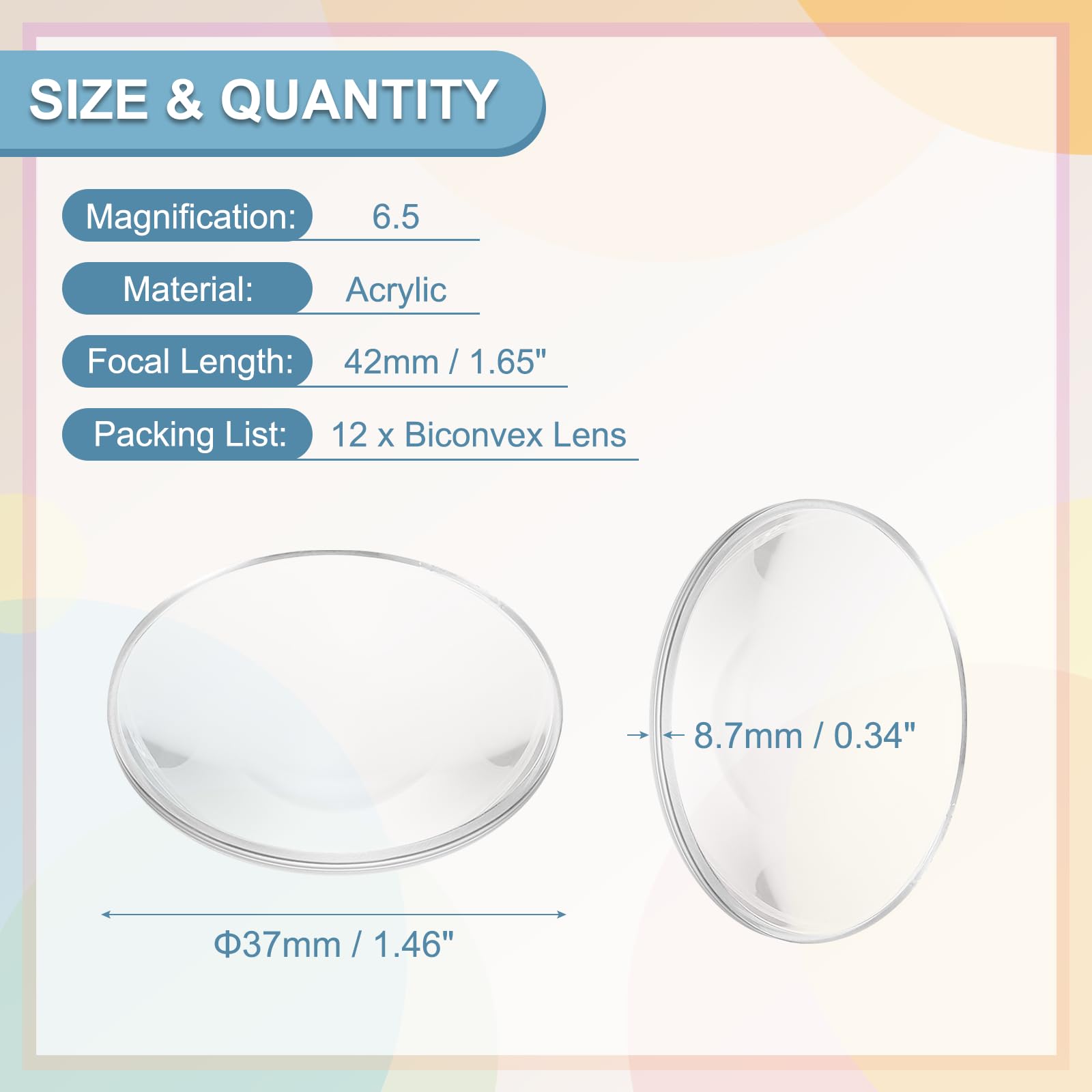 PATIKIL Confezione da 12 lenti biconvesse, diametro 37 mm, lunghezza focale 42 mm, lenti ottiche asferiche, fermacarte, in acrilico, doppia convessa, per fai da te, ufficio, scrivania, casa