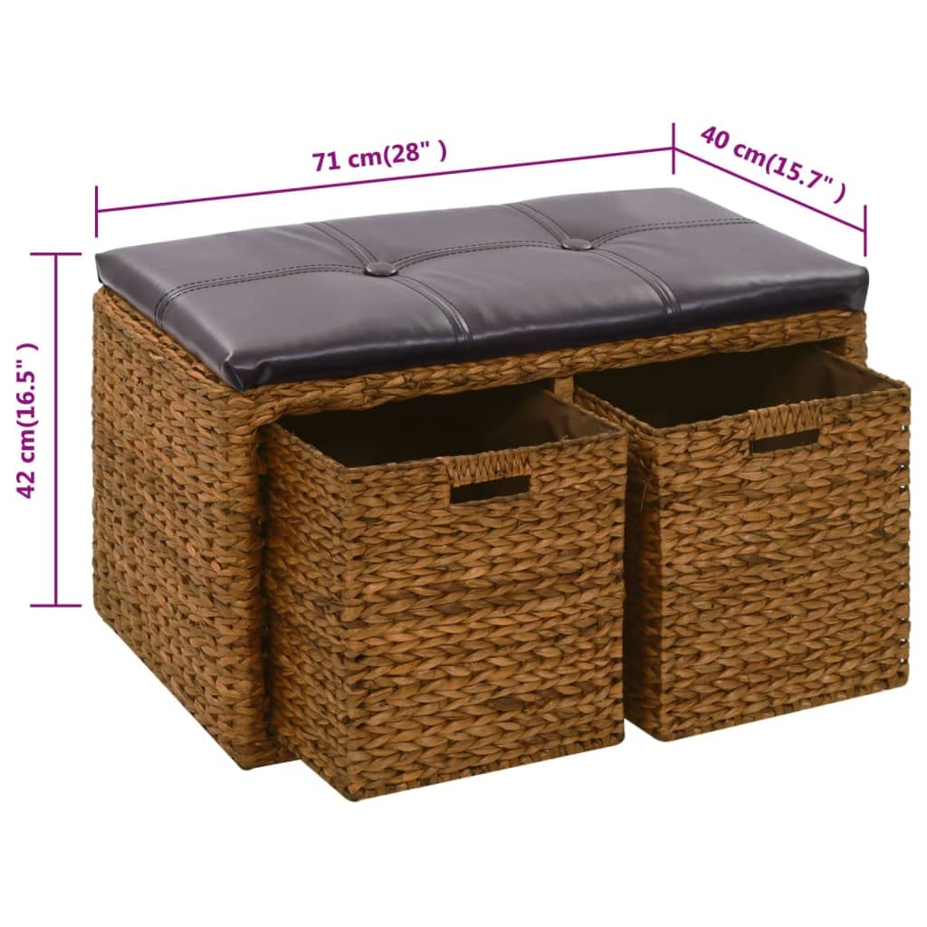 Générique Wasserhyazinthe Bank mit Kissen, 71 x 40 x 42 cm, Braun | 2 Körbe zur Aufbewahrung, Kapazität 110 kg, Deja Assemble, rustikal, Natur