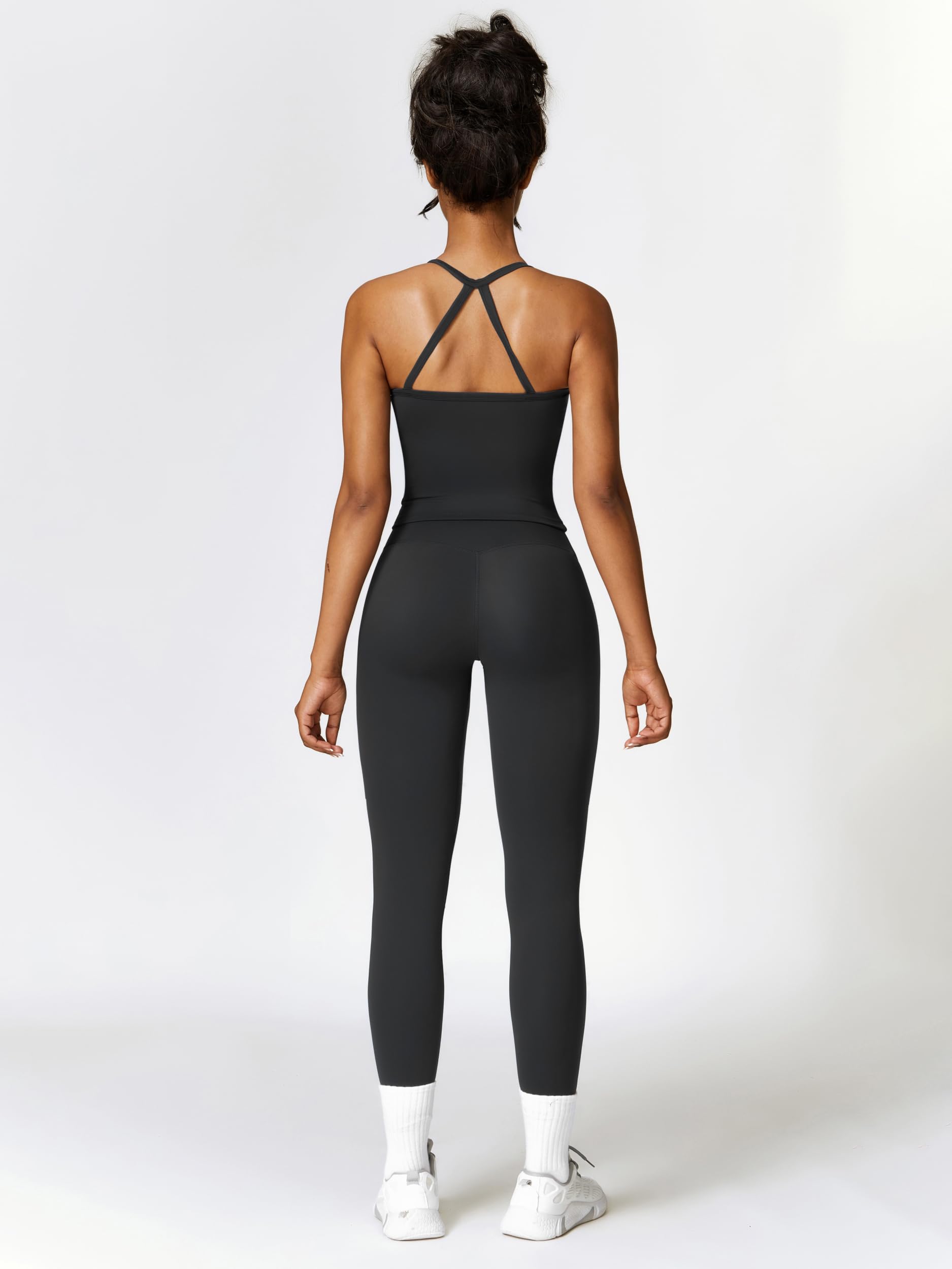 IDOPIP Tuta sportiva da donna in due pezzi per il fitness: allacciatura al collo, abiti estivi con imbottitura e leggings alti – Set da palestra con dorso della cinghia per yoga, pilates e allenamento