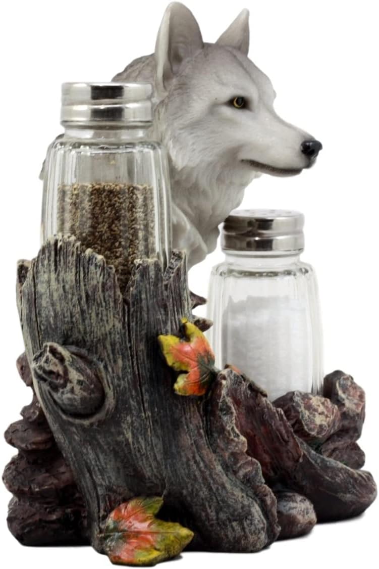 DWK Gray Wolf Salt & Pepper Holder Figurine with Refillable Salt and Pepper Shakers | Rustic Wildlife Wolf Decor | Animal Decor for Kitchen | - 6"