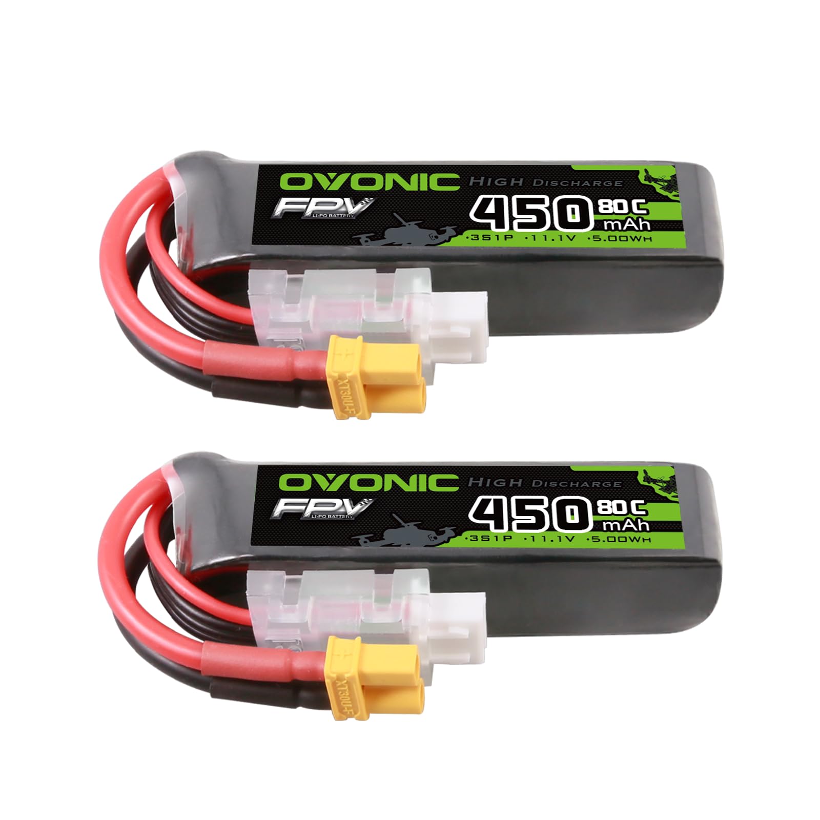 OVONIC 11.1V 80C 450mAh 3S Lipo Battery Long Size with XT30 Plug [1 Package Including 2 Batteries]