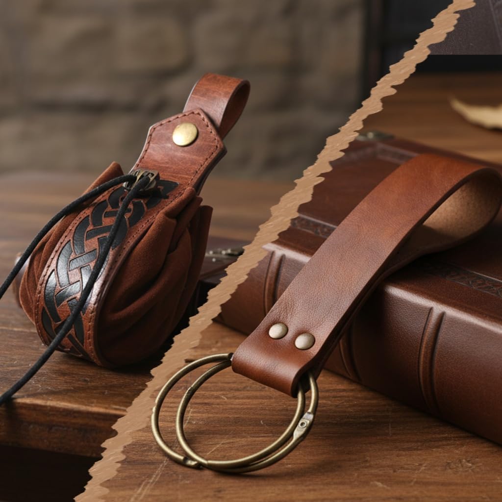 Renaissance Medieval Belt Pouch Set - Renaissance Accessories with Pirate Belt Pouch for Halloween Cosplay & LARP (Brown-A)