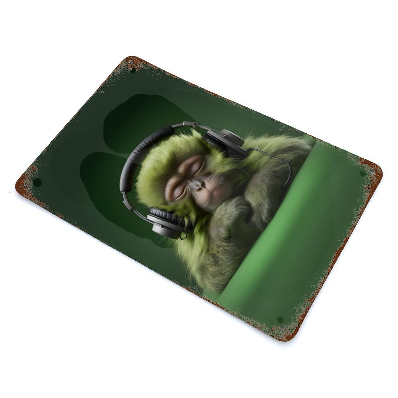 Decorative Tin Sign with Cute Headphones Monkey Design 11.8"x7.9", for Garage, Bar And Workshop Decor, Farmhouse Wall Decor