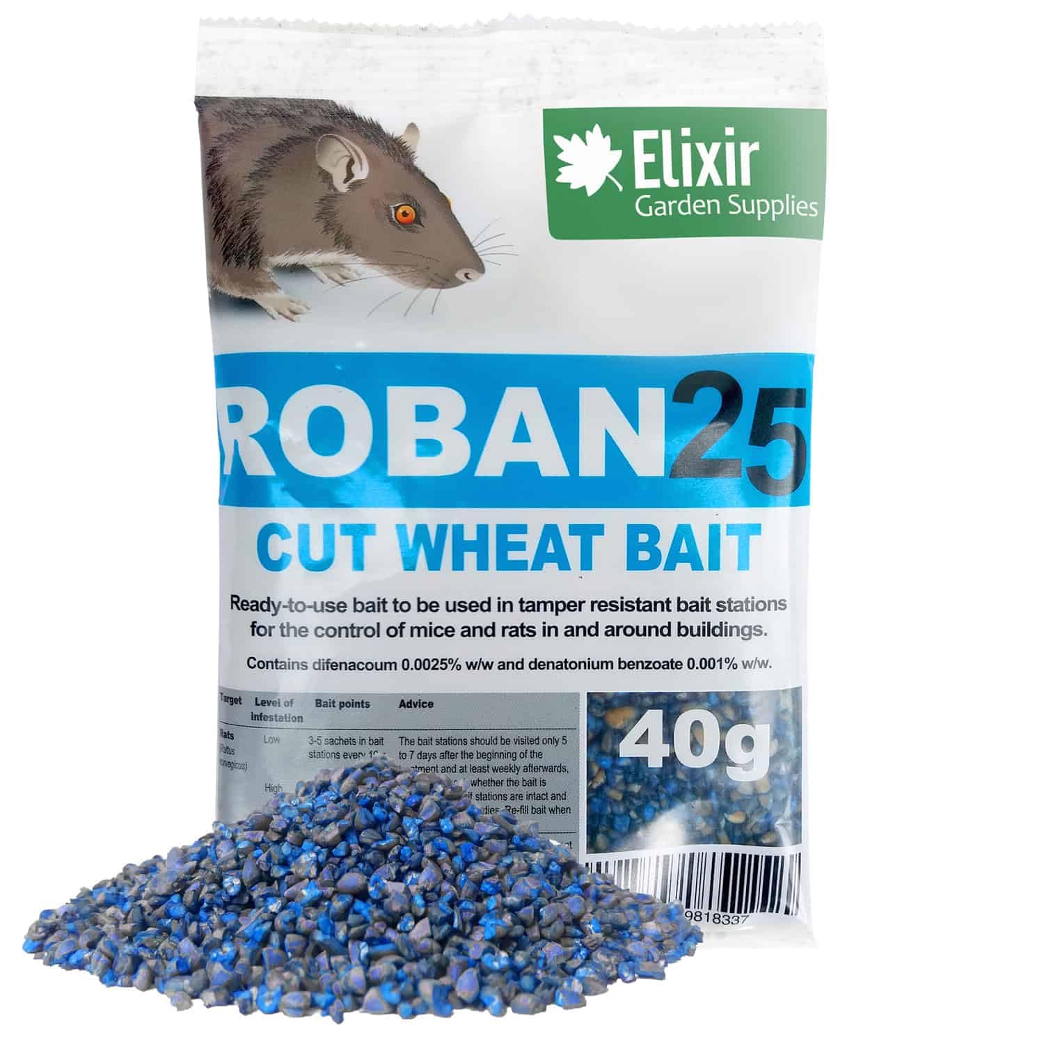 Elixir Gardens Roban 25 Mouse and Rat Poison | 40g Sachet x 10 | Cut Wheat Grain Bait | Quantities 1-60 Available | Vermin Rodent Pest Control — image 1