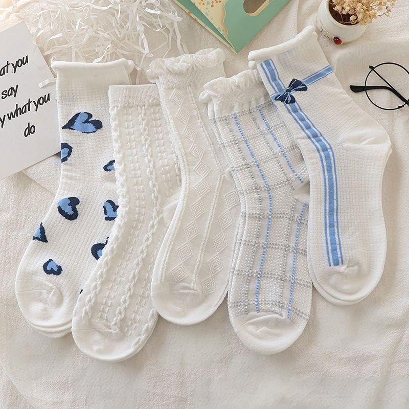 Image of 10 Pairs coquette socks Cute Floral Flower bow Socks Cottagecore Frilly Fancy aesthetic socksLace Ruffles Socks for Women (US, Alpha, One Size, Regular, Regular, Blue)