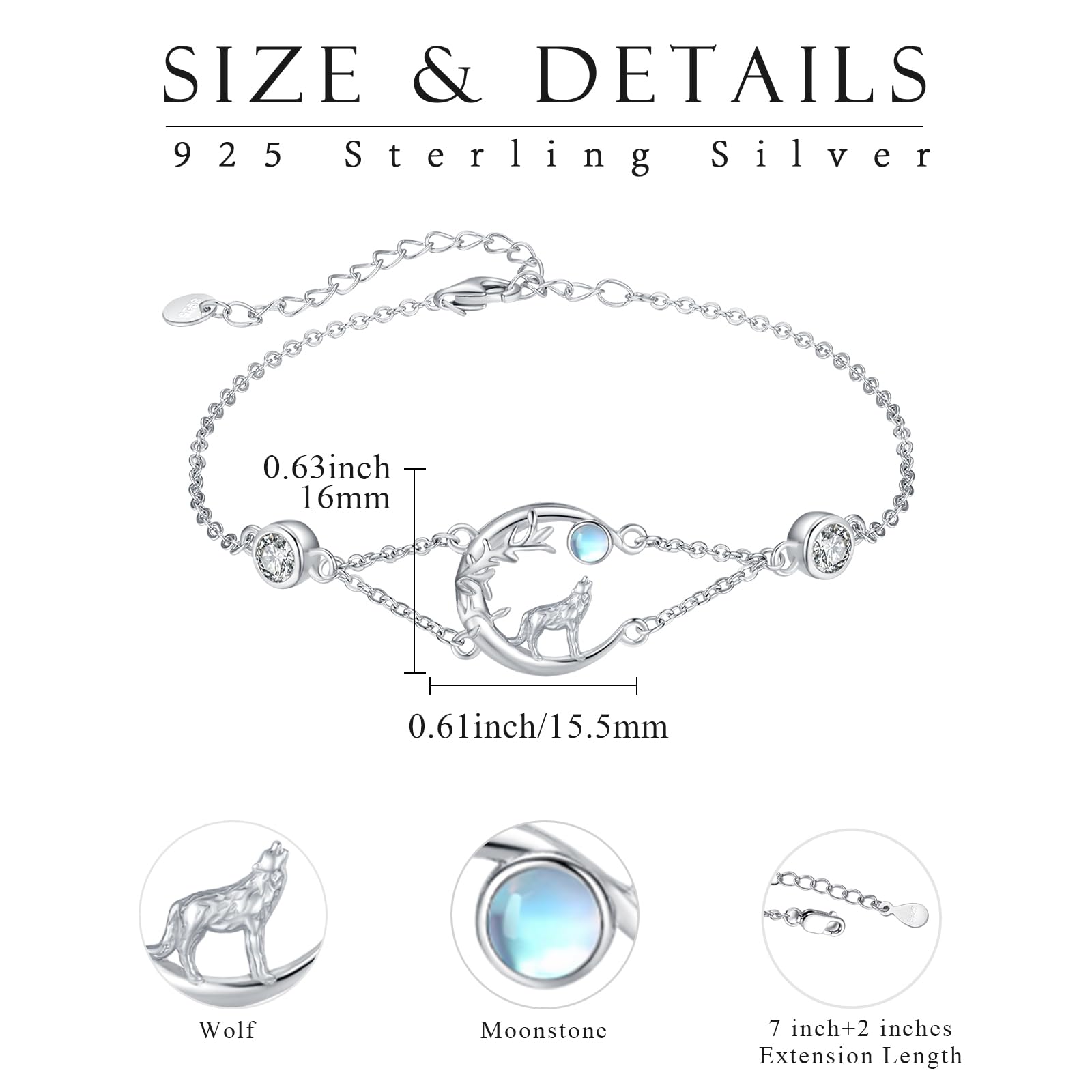 Wolf Armband Damen Sterling Silber Keltische Mondstein Armband Tier Verstellbar Armband Schmuck Geschenk für Mädchen