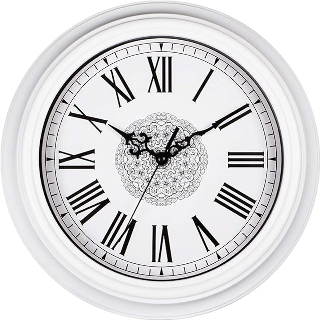Topkey 12 Inch Wall Clock Silent Non-ticking Vintage Roman Numerals Wall Clocks for Living Room Kitchen Bedroom Home Office (Battery Not Included) - White