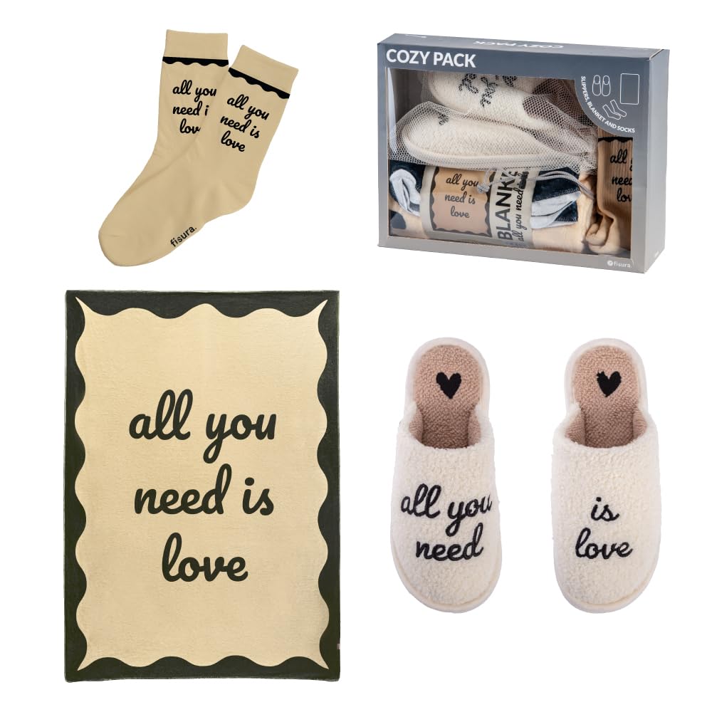 FISURA – Originelles Geschenk für Frauen „All You Need is Love“. Set mit Decke, Hausschuhen und Socken. 3-teiliges Mädchen mit Stil und viel Gemütlichkeit.