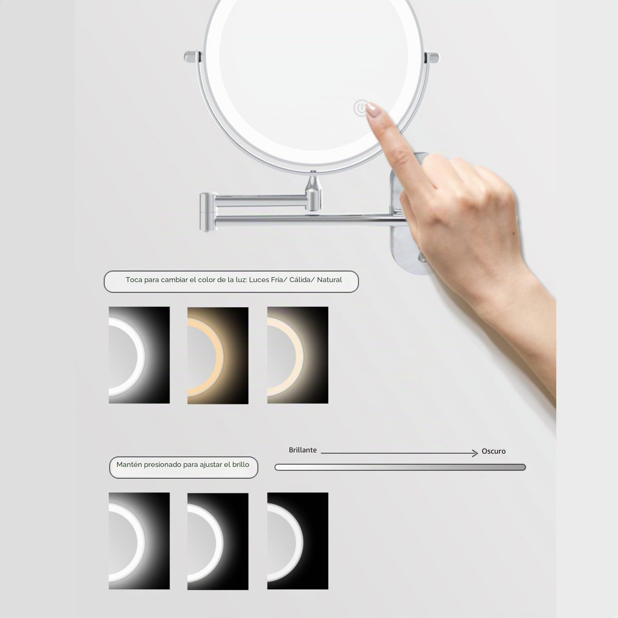 Espejo de Afeitado/Maquillaje con LED, 5 aumentos, 360º de rotación - Funciona con 4 Pilas AAA o Cable USB