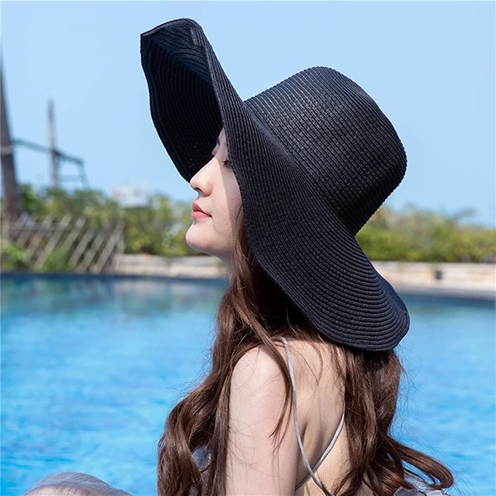 Sombreros de Mujer, Gorro de Verano Negro, Gorro de Playa, Sombrero de Paja, 56-58 cm (código M)