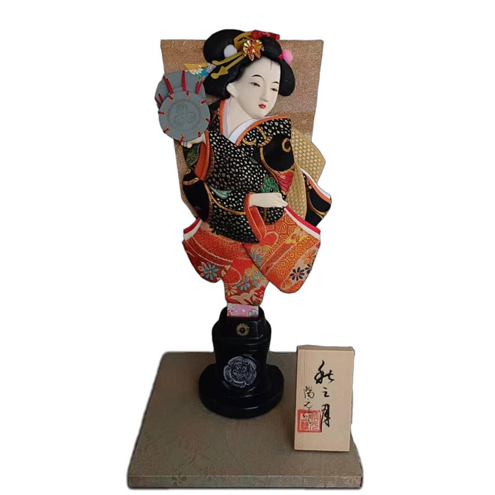 Milageto Hagoita Japonesa Muñeca Figura Tradicional con Base de Madera Adorno Decorativo Escultura de Colección Ornamento Artesanal Diseño Textil y Adecuada, Negro