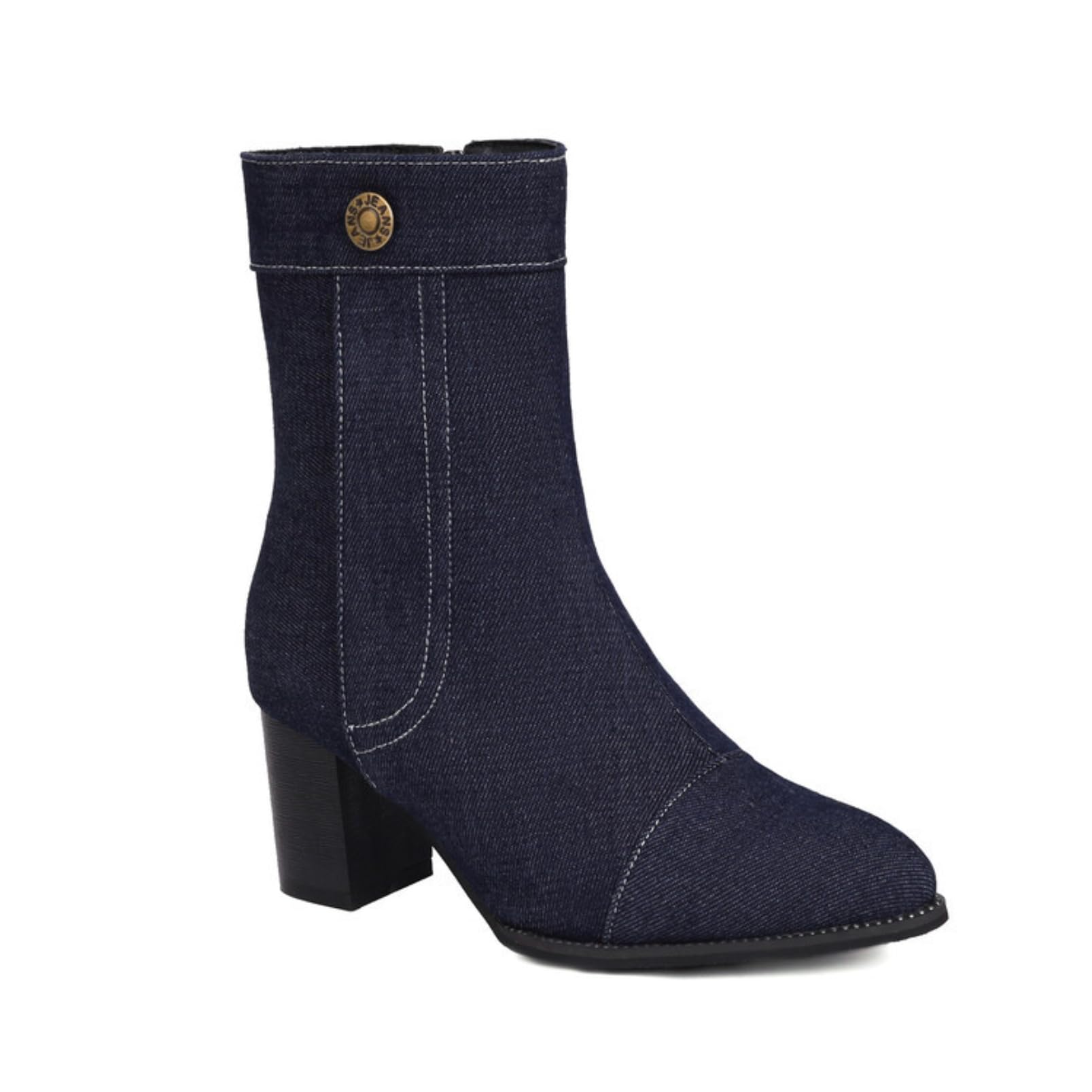 Womens Denim Ankle Boots Pointed Toe Mid Block Heels Button Accent Comfortable Non Slip Wear Resistant Daily Casual