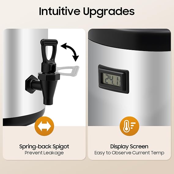 Insulated Beverage Dispenser, 12L/3.2 Gallon 304 Stainless Steel Hot Drink Dispenser,with Spigot & Temp Display, Suitable for Hot and Cold Drinks, for Tea Coffee Water in Cafes & Restaurants, Silver