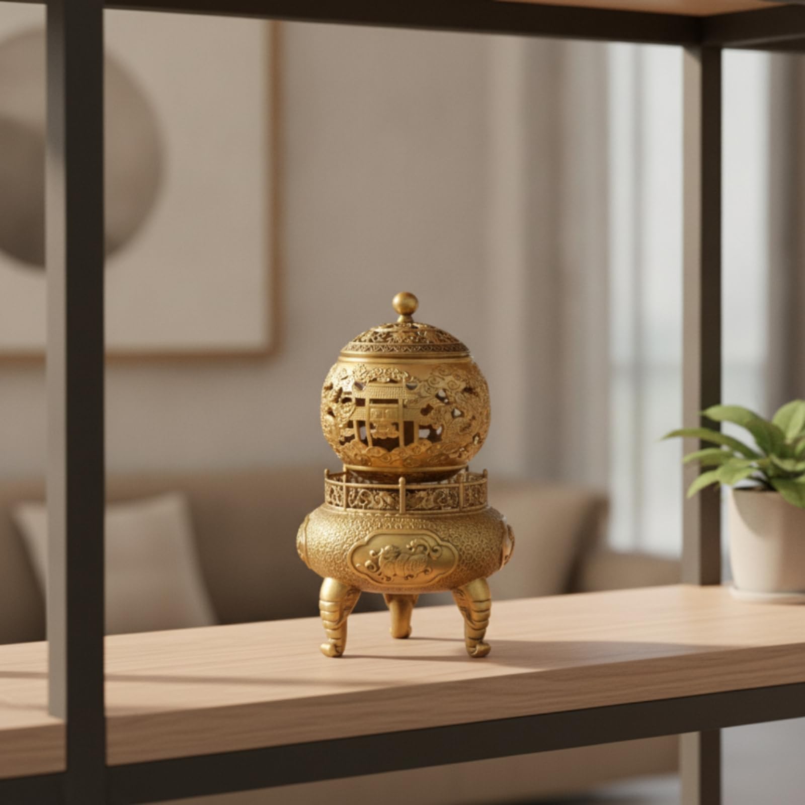 LOVIVER in Ottone tore Censer Turibolo Estetica Tradizionale con Sfera Elegante E Coperchio Lavorato Creazione di Atmosfera Serena Adatto per Meditazione Tisane, Oro Sabbia