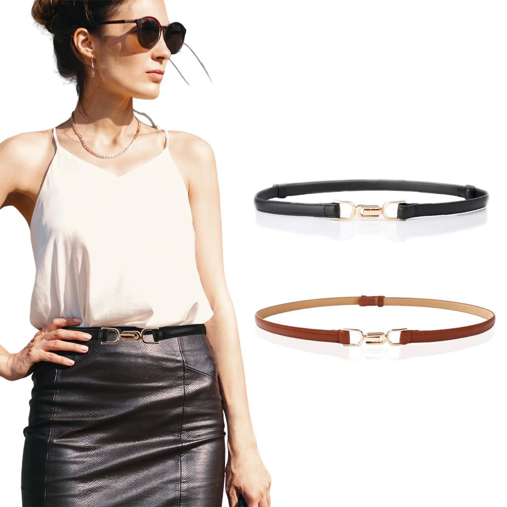 2Pcs Waist Belt for Women Belts for Dress Fashion Elastic Slim Dress Belts for Women Ladies Stretch PU Leather Belt with Metal Buckle Closure for Shirt Blouse Blazer - Black & Brown