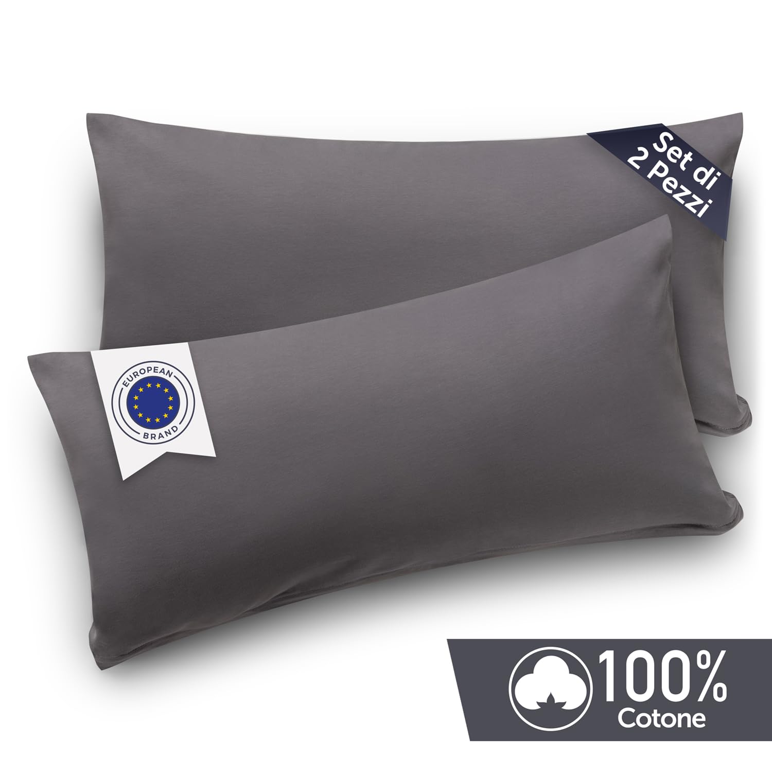 Blumtal Federe Cuscini Letto Matrimoniale Cotone - Federe Cuscini 40x80-100% Cotone, Set di 2 Federe in Jersey con Cerniera, Federa certificate Oeko-Tex, Federe Cuscino Letto - Grigio