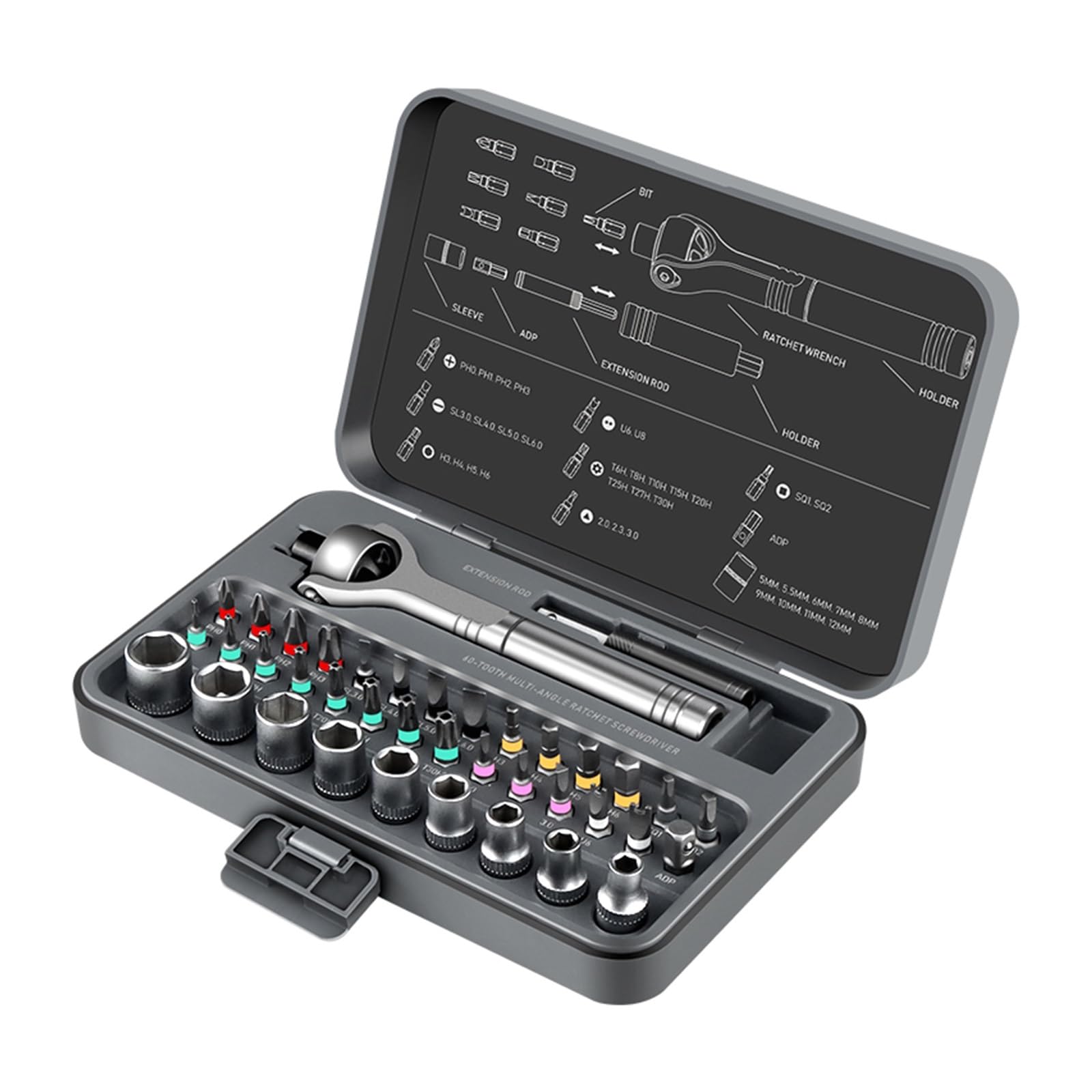 40 in 1 Magnetic Ratchet Screwdriver Set, Multi-Functional Wrench Set with 180° Adjustable Handle S2 Bits and Socket Set(40 in 1)