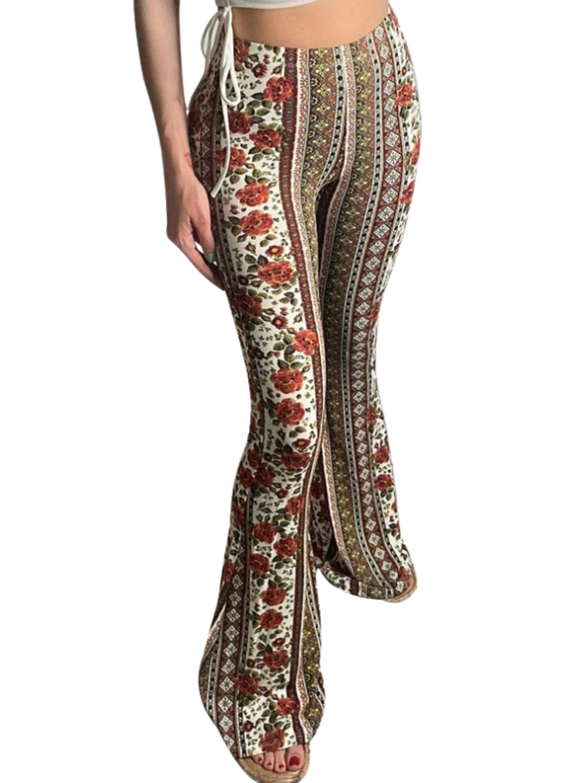 ZOCAVIAWomens Vintage Printed Flared Pants High Waist Casual Elastic Trousers Stretch Bell Bottom Boho Floral Palazzo Pants