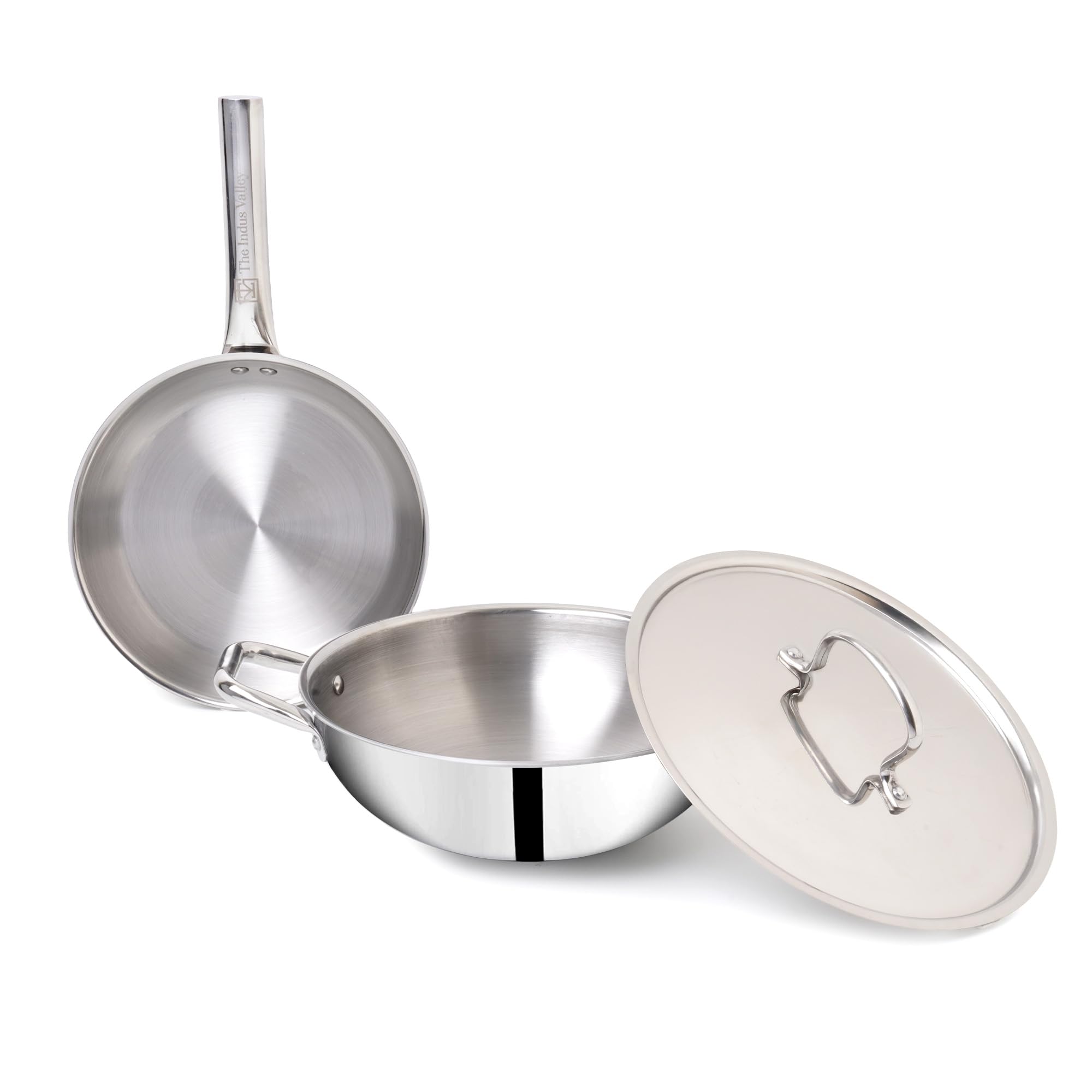 The Indus Valley Triply Stainless Steel Cookware Set of 3Pcs | Kadai with Lid (24 Cm/3 L)+ Fry Pan (22 Cm/1.4L) | Kitchen Cooking Combo Pots & Pans Set | Naturally Nonstick,Silver