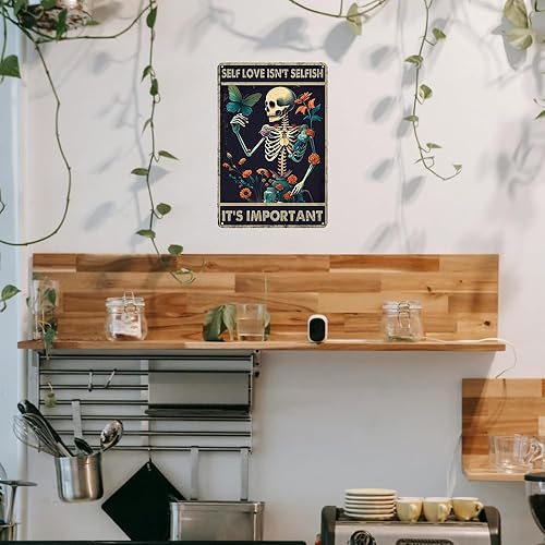 Miniatura 6 de Letrero de metal retro decoración de habitación terrosa, arte de pared de calavera egoísta, póster de esqueleto, decoración de dormitorio grunge,