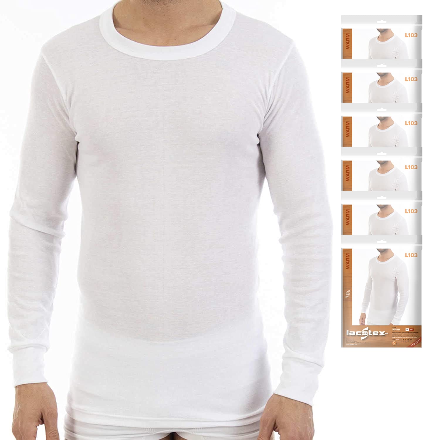 Lacotex Camiseta Interior Termal de Hombre | Camiseta Manga Larga y Cuello Redondo Térmica | Confort y Protección Térmica Interior | Pack Ahorro 6 Unidades | Talla XXL L103
