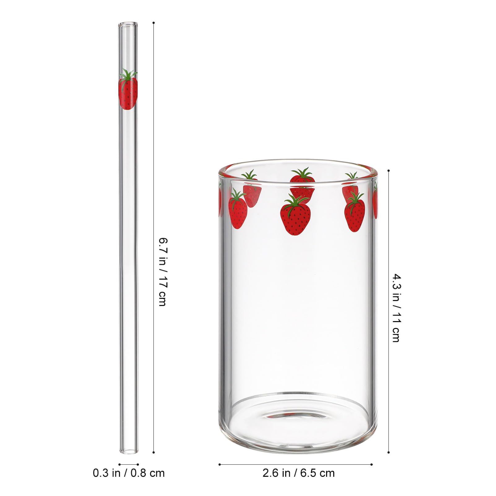 Vasos de Vidrio Superficie Lisa Juego de 2 Diseño de Fresa y Pajita Varios Estilos Capacidad 300ml para Uso Interior y Bebidas Frías