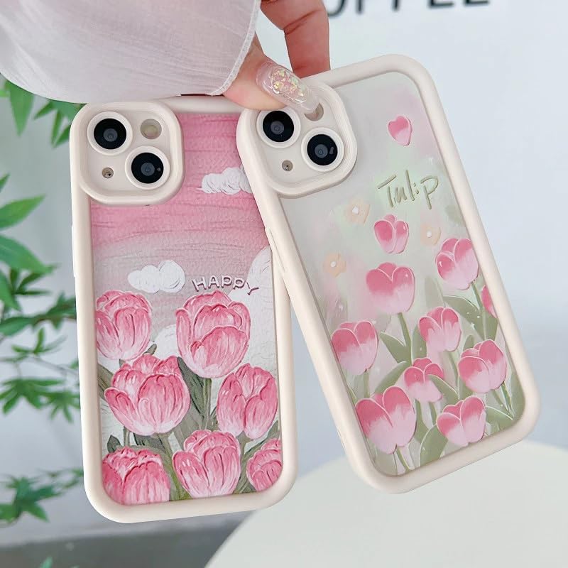 Image of COVERLY Tulip Flower Back Case Cover for iPhone 12 Pro | Hot 3D Floral Pink Cute Design | Camera Lens Protection | Soft TPU Silicone Fashion Aesthetic Print Cover for Girls & Women (Beige, Shockproof)