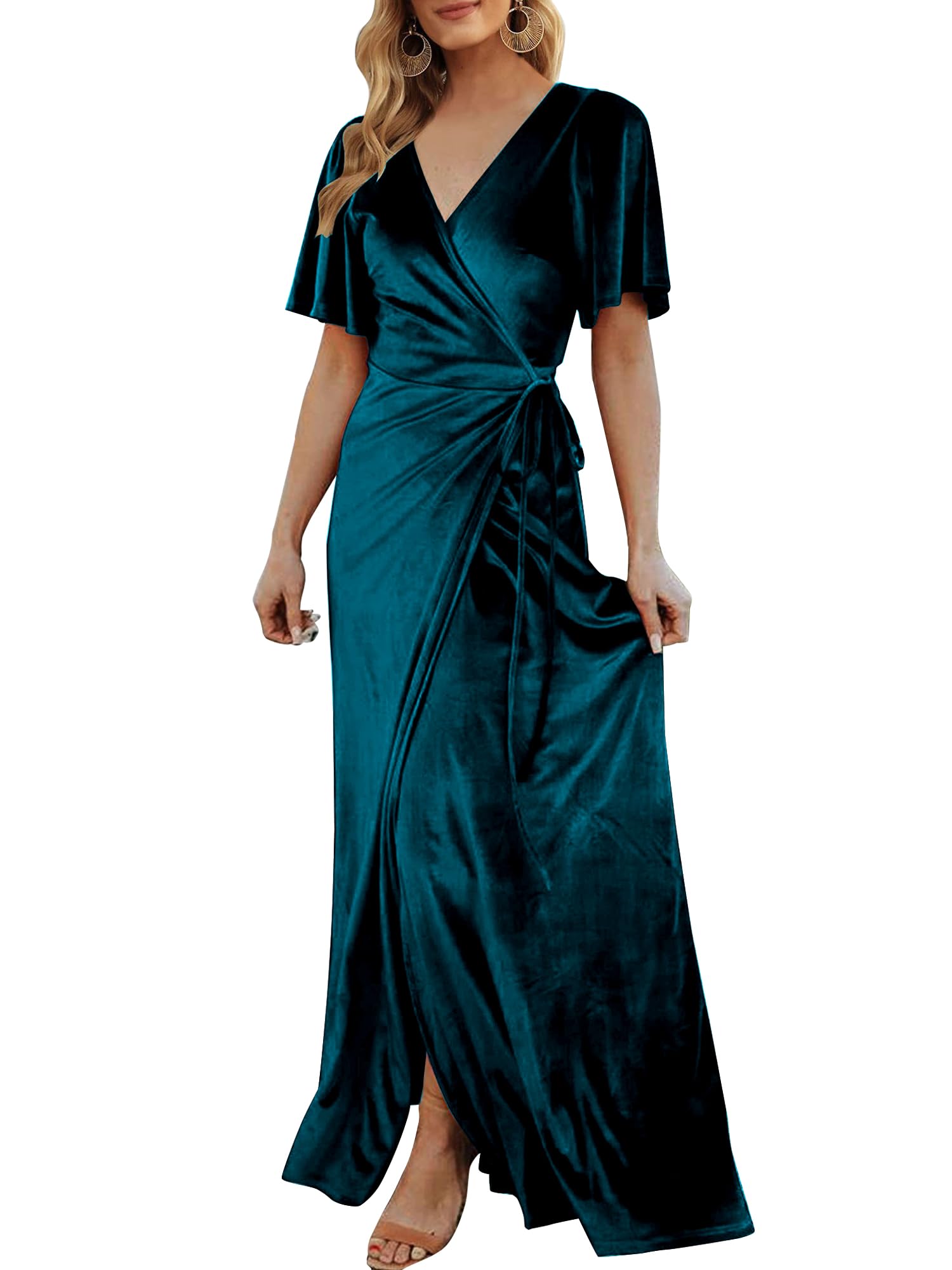 CYiNu Women's Wrap Velvet Maxi Dress V Neck Bell Sleeve Split Elegant Cocktail Party Dress