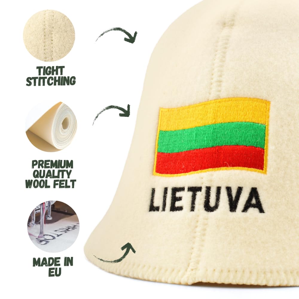 Naturalna czapka do sauny "Litwa", biała, 100% wełna organiczna, filcowa czapka do sauny dla mężczyzn i kobiet, do rosyjskiej banii, chroni głowę przed wysoką temperaturą, w zestawie e-book
