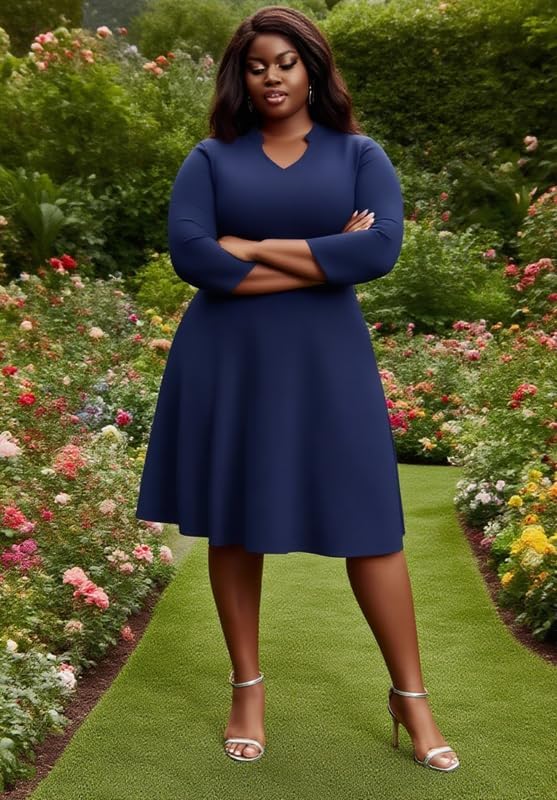 Church Dress for Women V Neck 3/4 Sleeve Midi Causal Cocktail Party A-Line Dresses with Pockets - Image 7