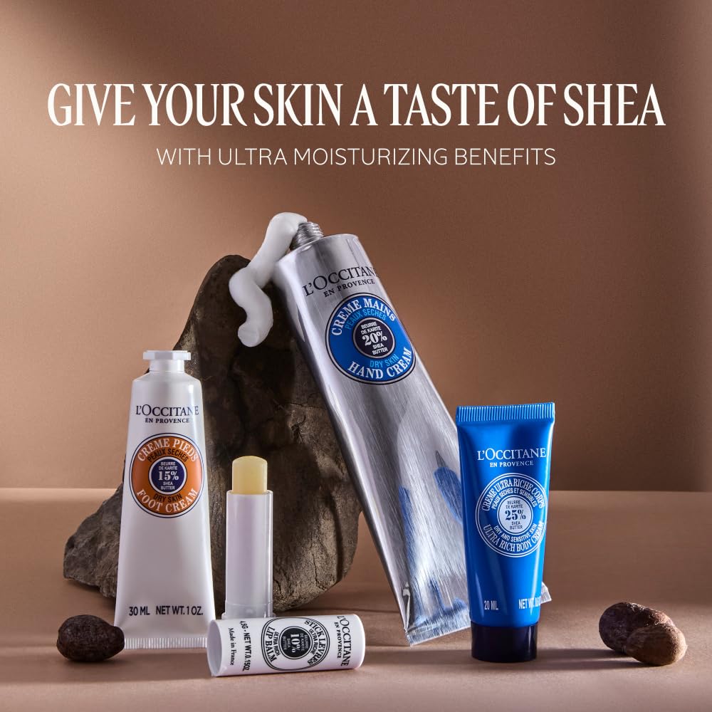 L'OCCITANE Shea All Day Body Skincare Gift Set, Ultra Rich Cream, Hand Lotion, Foot Balm, Nourishing Lip Care, Hydrate & Comfort Dry, Cracked Skin