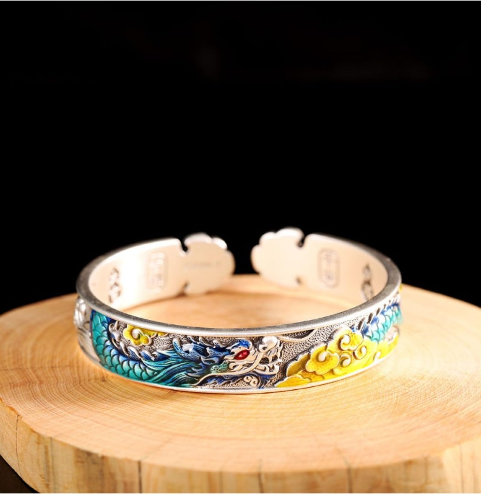 Braccialetti d'argento, braccialetti vintage, Bracciale rigido aperto di buon auspicio in argento sterling 999 da donna, smaltato, artigianato tradizionale, accessorio perfetto for appuntamento, compl