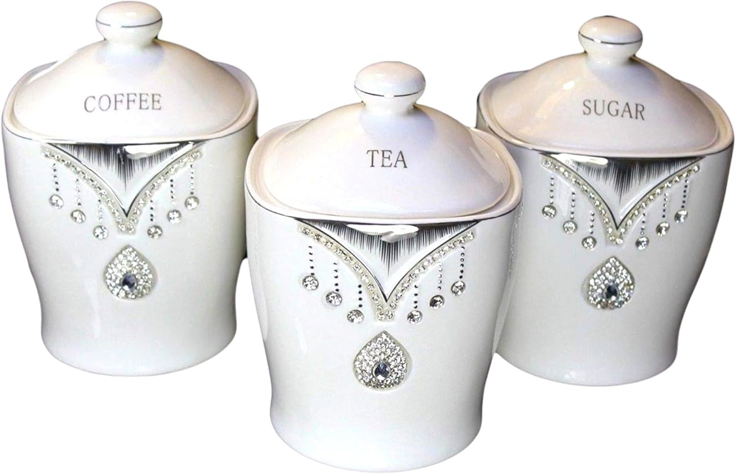 Jayogla White And Grey Marble Decorative Kitchen Canisters Set, Tea Coffee Sugar Storage Jars, White Ceramic With Crystal Diamante Design, Set Of 3