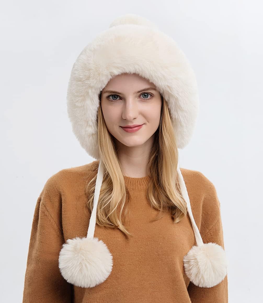 Winter Beanie Hats for Women with Ear Flaps Faux Fur Crochet Skull Cap Warm Outdoor Ski Snow Hats Pompoms - Image 2