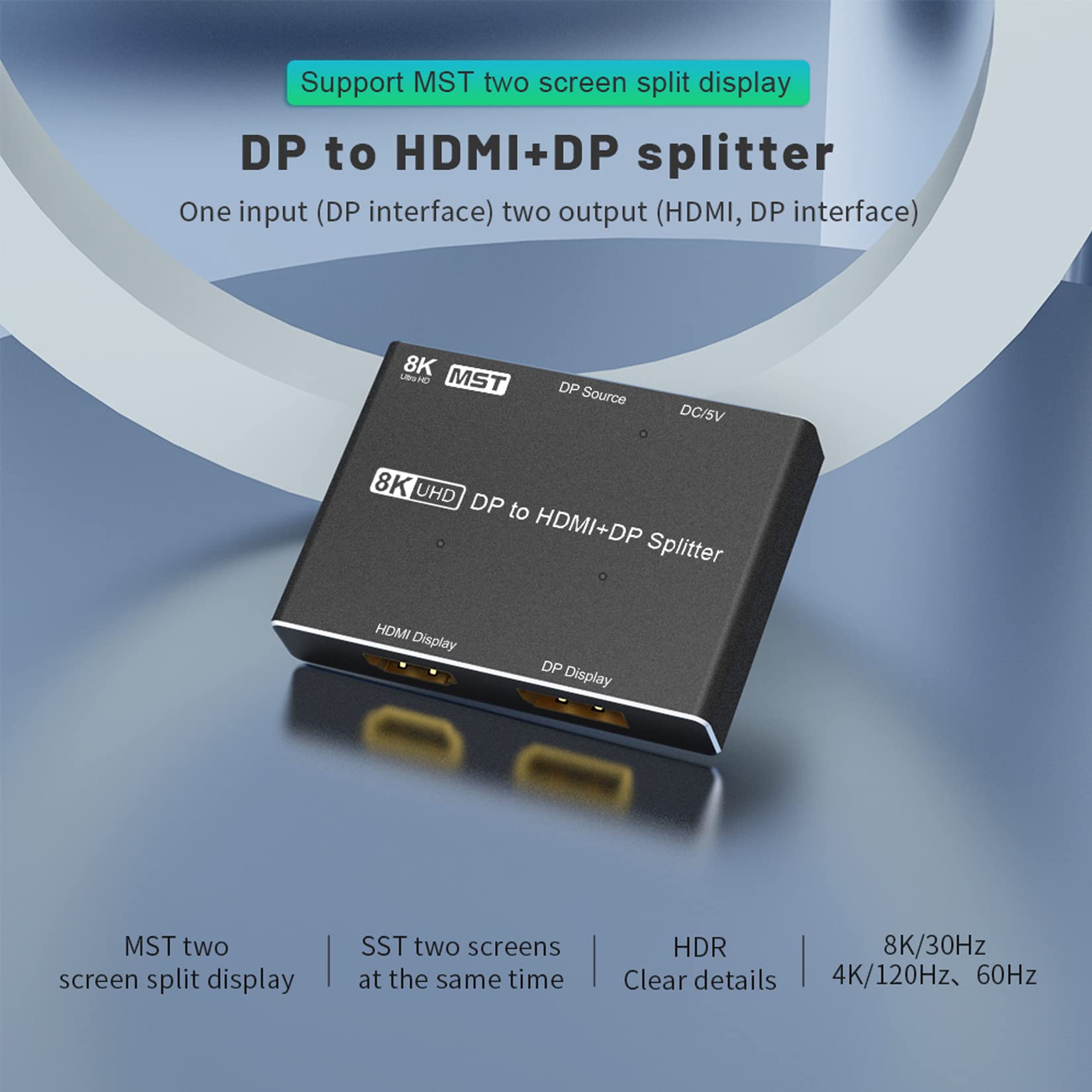 BolAAzuL DisplayPort 1.4 Splitter per DisplayPort e HDMI, DisplayPort MST Hub Splitter 1 in 2 out Multi-Stream Trasporto DP in HDMI 2.1 e Displayport out Supporto 8K a 30Hz 4K a 144Hz