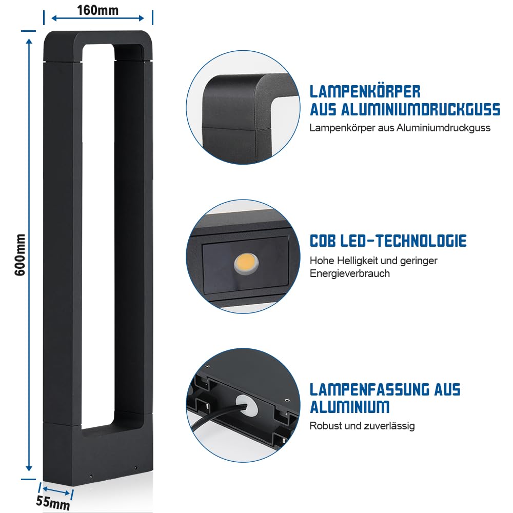 LED Wegeleuchten Außen 7W, LED Gartenleuchte, 3000K Aussenleuchte Stehlampe Außen, LED Pollerleuchte 60CM IP65, Standleuchte für Garten