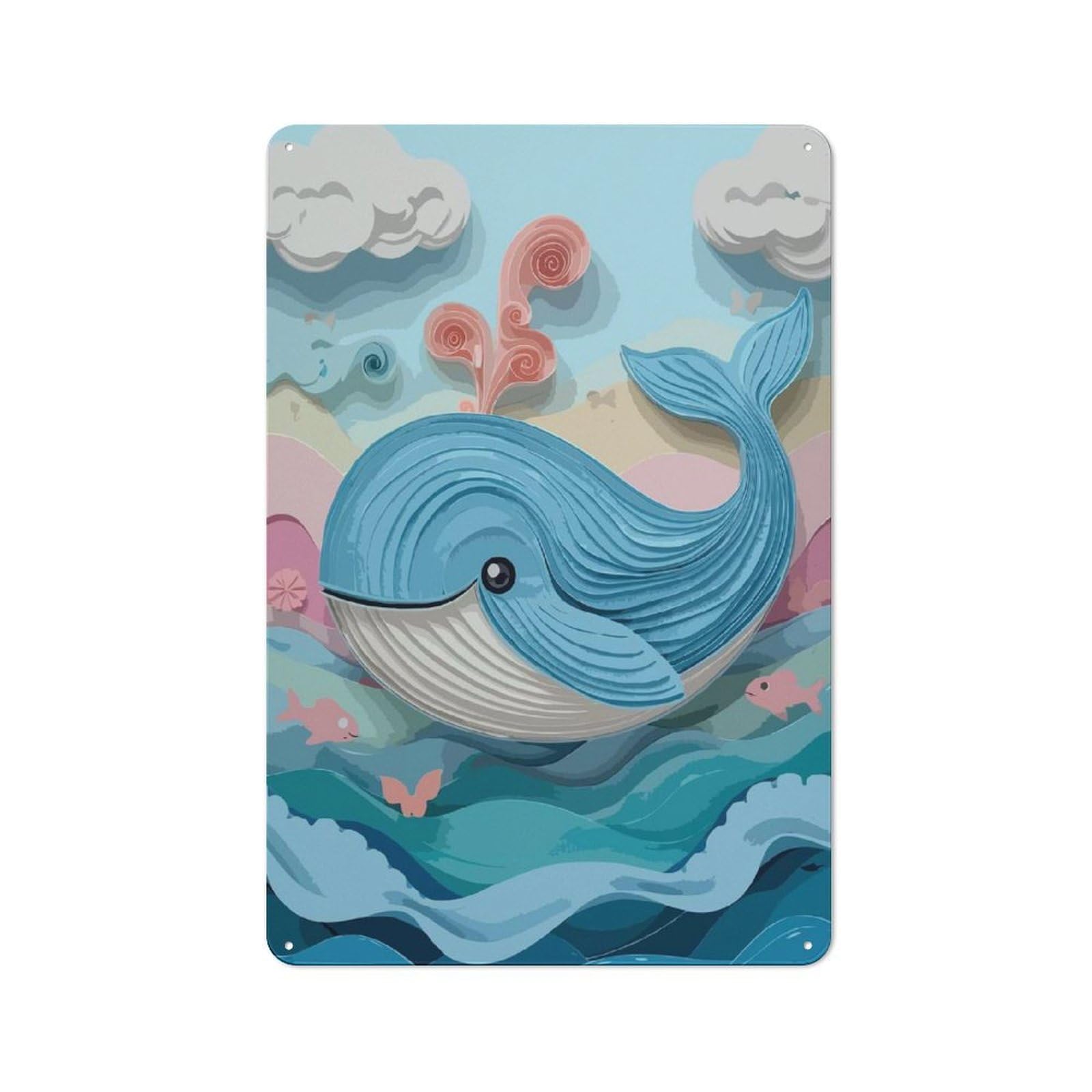 Junmoney Digital Art Of Whale In Paper Cut Style Tin Wall Plaque 30X20cm With For Pub Or Café, With Clear Vintage Wall Decor Character