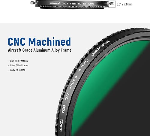 Miniatura 8 de NEEWER Filtro ND variable 2 en 1 de 2.835 in ND2-ND32 y CPL (filtro polarizador circular) Sin cruz X  30 capas nano revestidovidrio óptico HDmarco