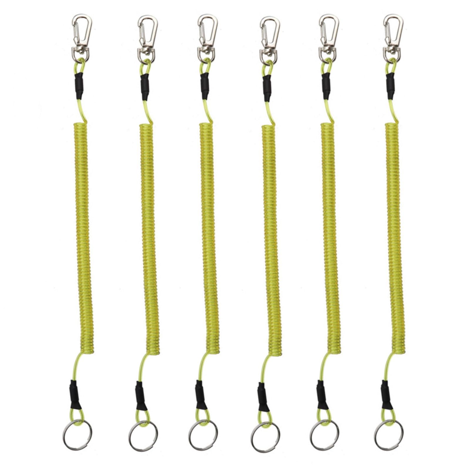 6PCS Fishing Lanyard Spiral Keyring Heavy Duty Retractable Coiled Tether with Carabiner and Split Ring for Pliers, Boating, Tools, Yellow