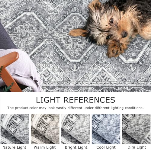 KUTA Medallion Washable Runner Rug 2.6x14, Non-Slip Hallway Kitchen Runners Grey with Rubber Backing, Ultra Soft Printed Distressed Oriental Vintage Extra Long 14ft Stairs Carpet Rugs